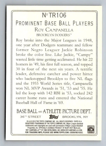 Back of 2010 Topps Update TR106 Roy Campanella Turkey Red baseball card