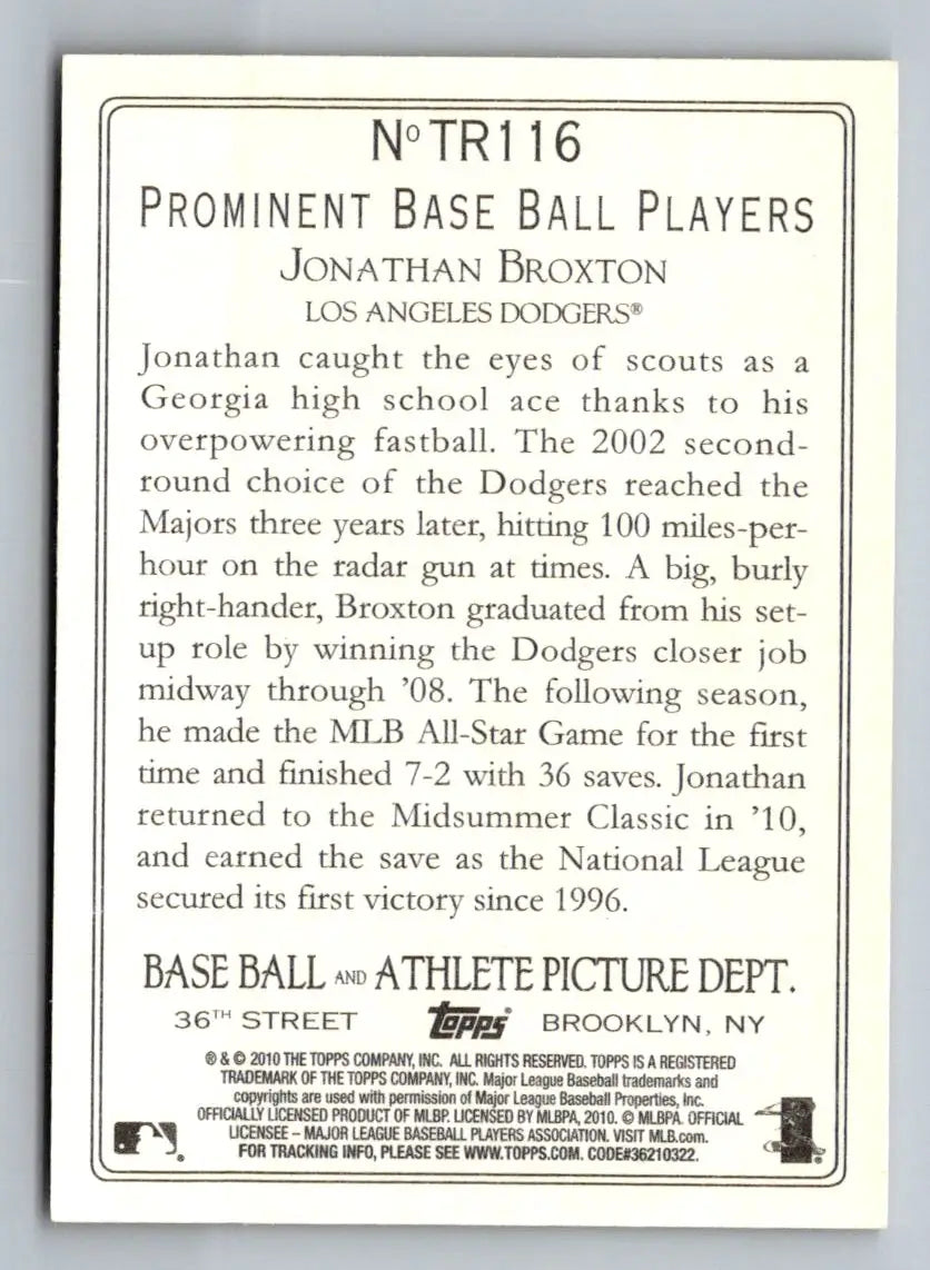 Back of 2010 Topps Update TR116 Jonathan Broxton Turkey Red Los Angeles Dodgers card