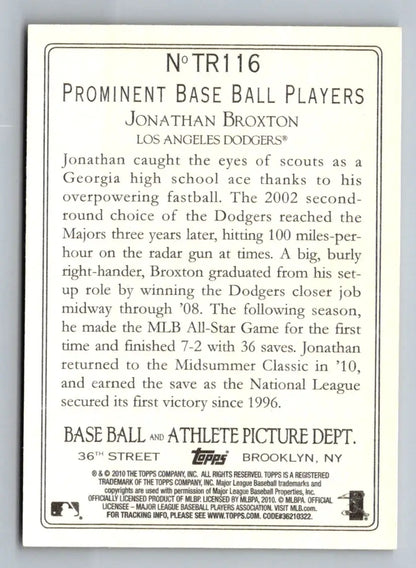 Back of 2010 Topps Update TR116 Jonathan Broxton Turkey Red Los Angeles Dodgers card