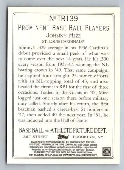 Johnny Mize baseball card from 2010 Topps Update TR139 Turkey Red St. Louis Cardinals