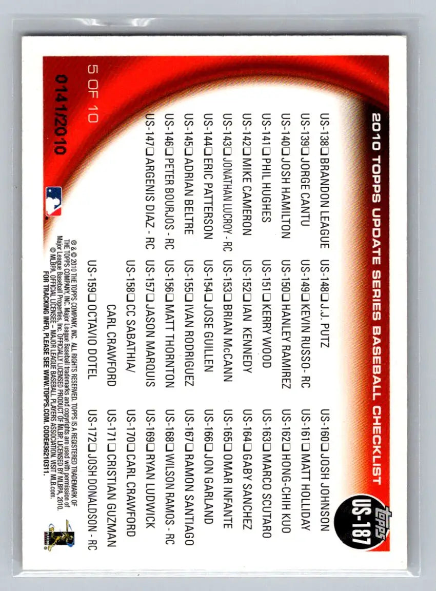 Baseball card checklist for 2010 Topps Update Young AL East Aces Hughes Price Gold