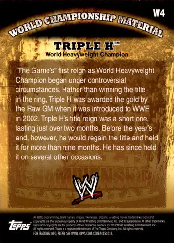 Wrestling trading card from 2010 Topps World Championship Material showing Triple H