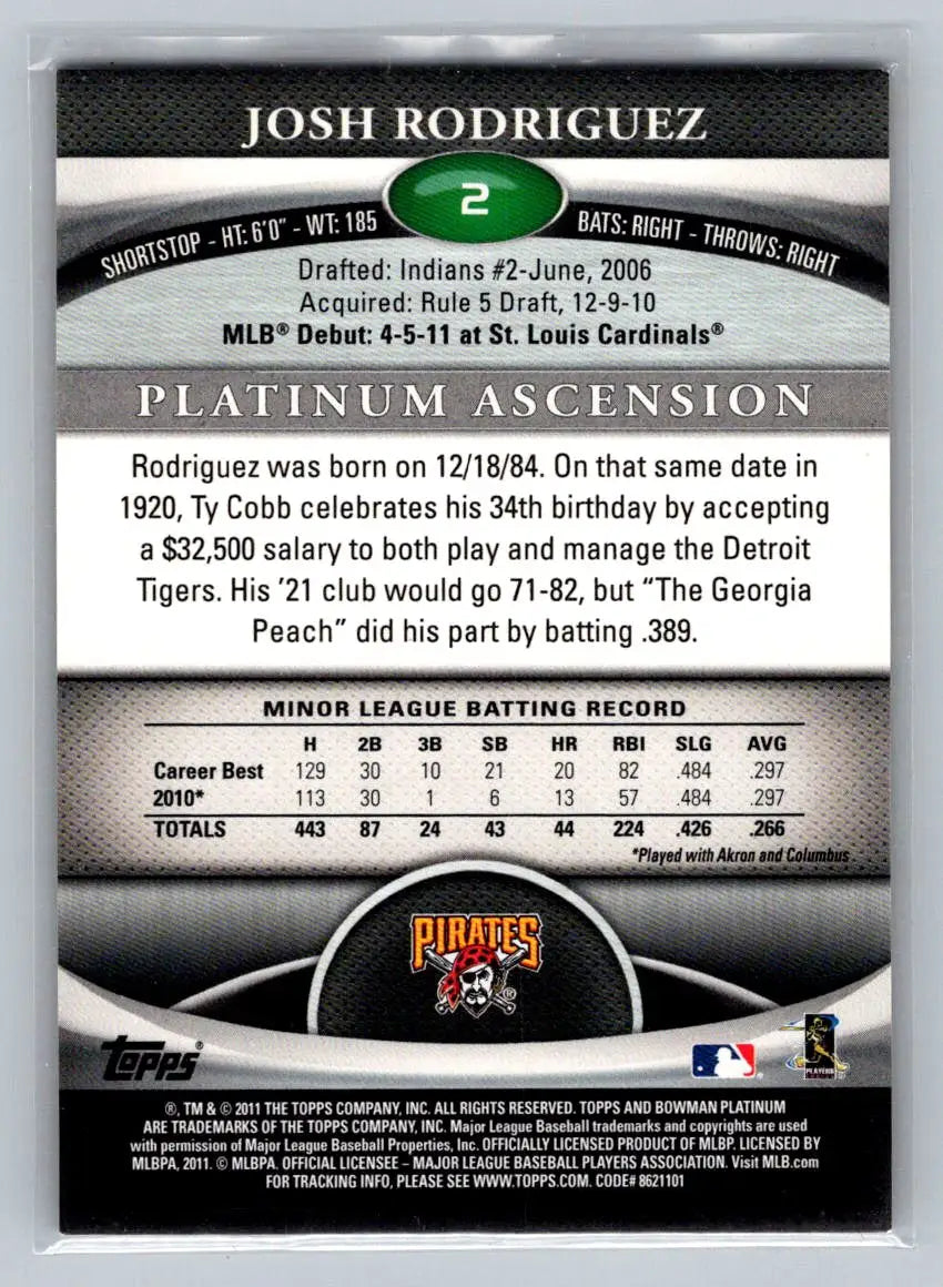 Josh Rodriguez baseball card, 2011 Bowman Platinum Emerald Pittsburgh Pirates Rookie