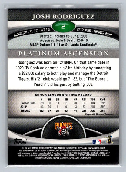 Josh Rodriguez baseball card, 2011 Bowman Platinum Emerald Pittsburgh Pirates Rookie