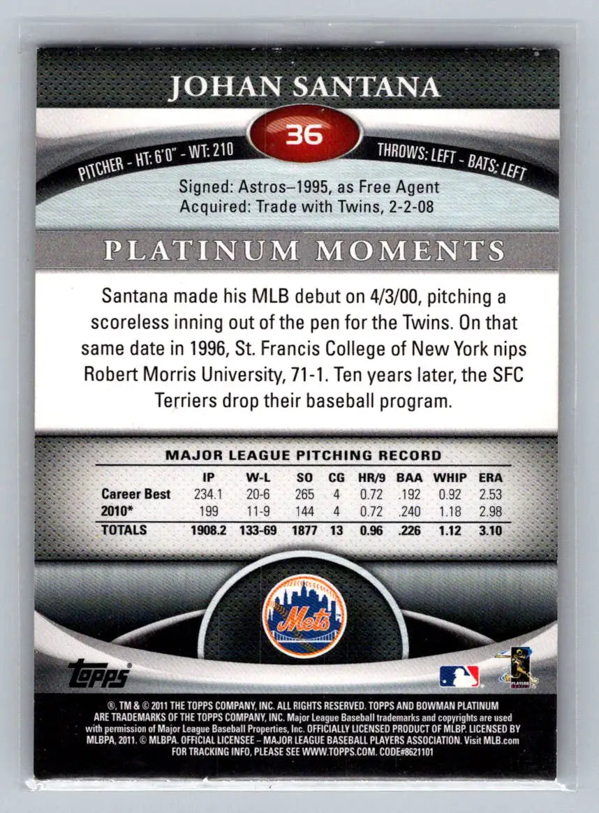 Johan Santana baseball card back from 2011 Bowman Platinum Gold New York Mets
