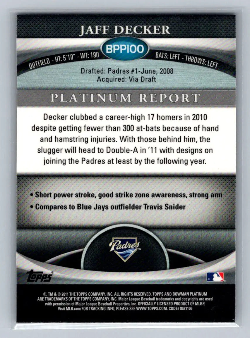 Back of 2011 Bowman Platinum BPP100 Jaff Decker Purple Refractors baseball card
