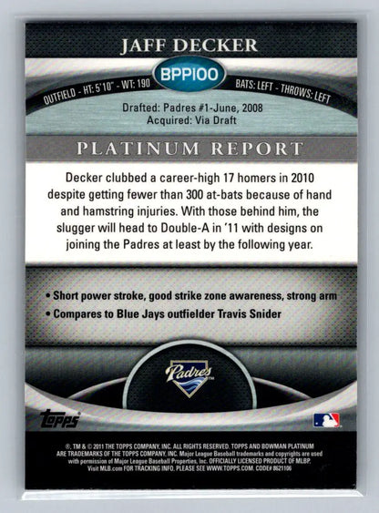 Back of 2011 Bowman Platinum BPP100 Jaff Decker Purple Refractors baseball card