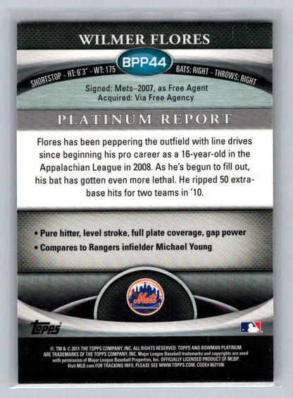 Back of 2011 Bowman Platinum BPP44 Wilmer Flores Prospects card for New York Mets