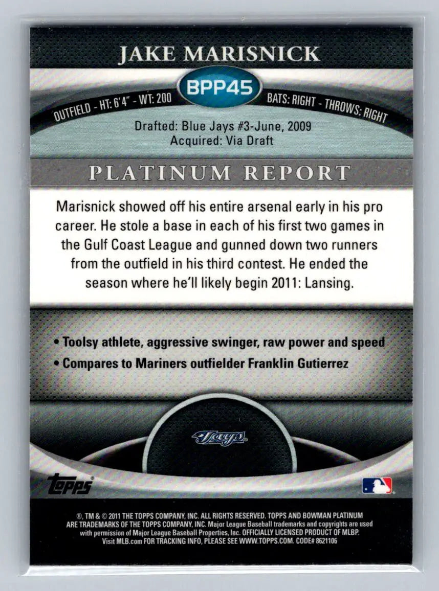 Jake Marisnick baseball card 2011 Bowman Platinum BPP45 X-Fractors Toronto Blue Jays