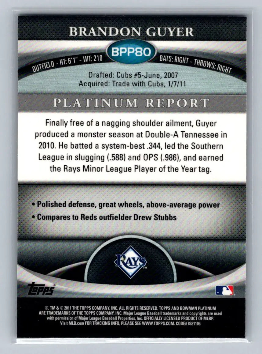 Brandon Guyer 2011 Bowman Platinum BPP80 Purple Refractors Tampa Bay Rays baseball card