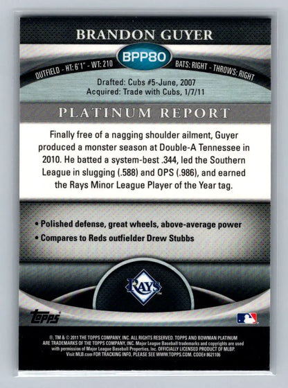 Brandon Guyer 2011 Bowman Platinum BPP80 Purple Refractors Tampa Bay Rays baseball card