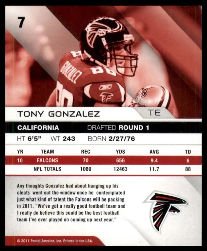 2011 Panini Absolute Memorabilia Tony Gonzalez #7 Spectrum Blue /100 Falcons NFL - Football Card