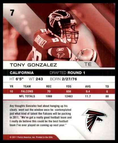 2011 Panini Absolute Memorabilia Tony Gonzalez #7 Spectrum Blue /100 Falcons NFL - Football Card
