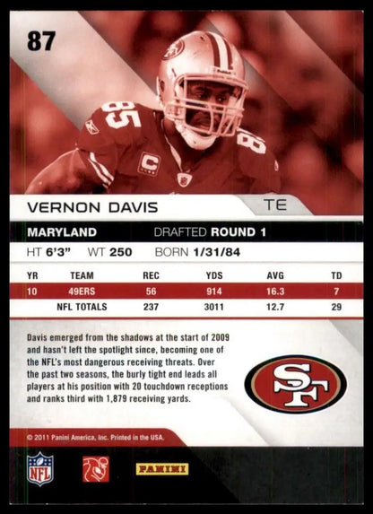 2011 Panini Absolute Memorabilia Vernon Davis #87 San Francisco 49ers Football - Football Card