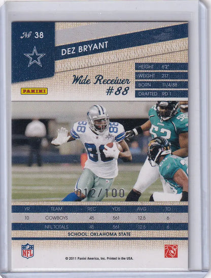Limited edition Dez Bryant football trading card from Panini Threads Dallas Cowboys series