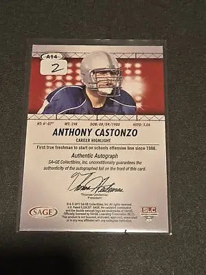 2011 Sage Hit A14 Anthony Castonzo autographed trading card with gold autograph #/250