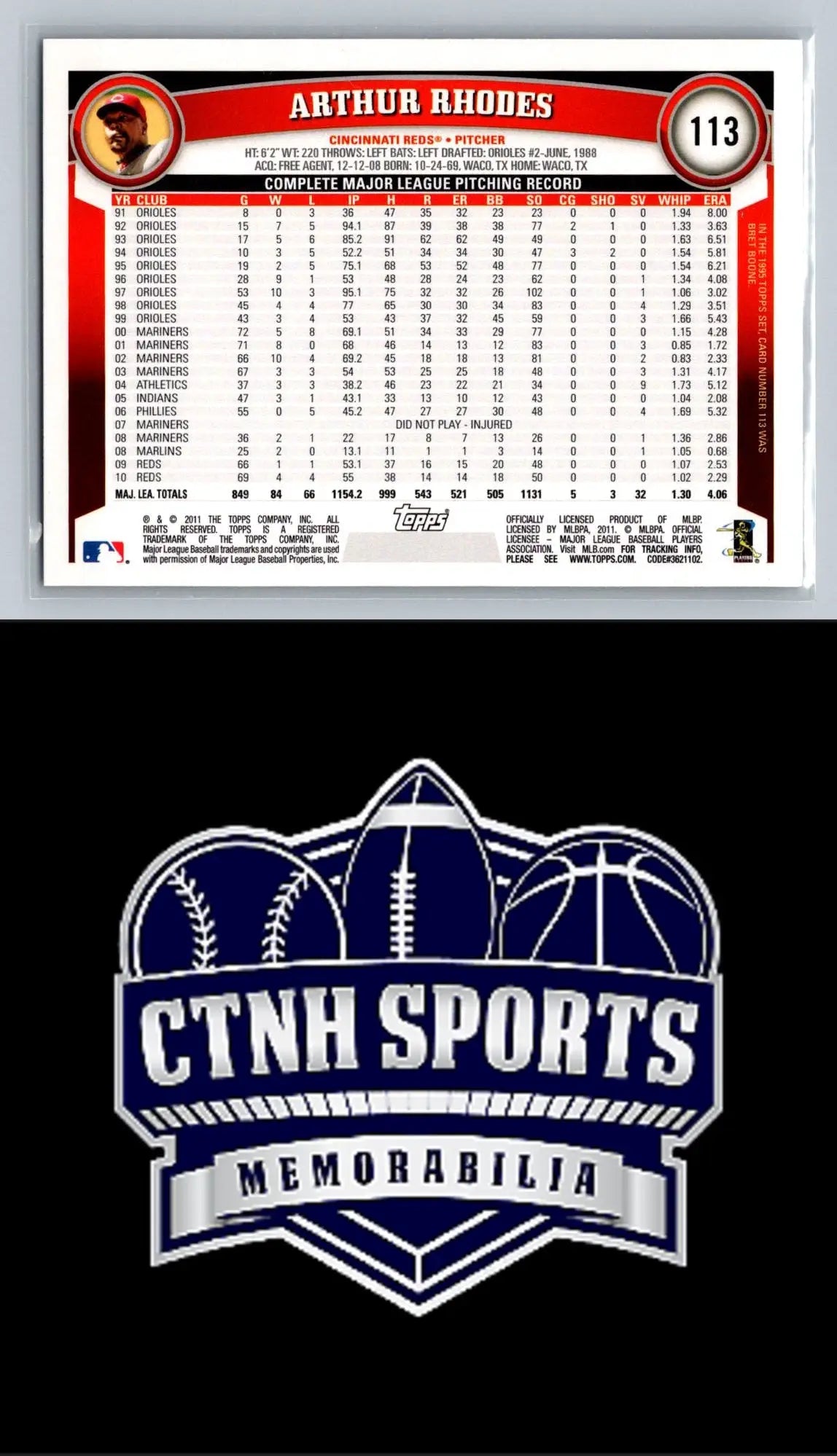 Baseball card back of 2011 Topps #113 Arthur Rhodes Diamond Anniversary Cincinnati Reds