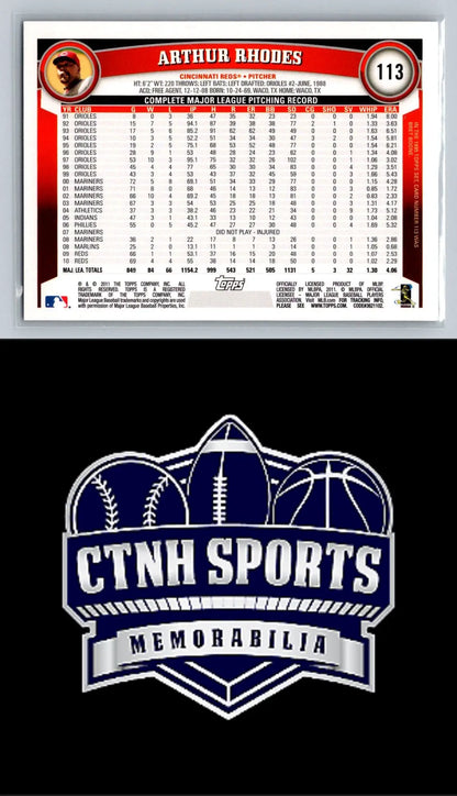 Baseball card back of 2011 Topps #113 Arthur Rhodes Diamond Anniversary Cincinnati Reds