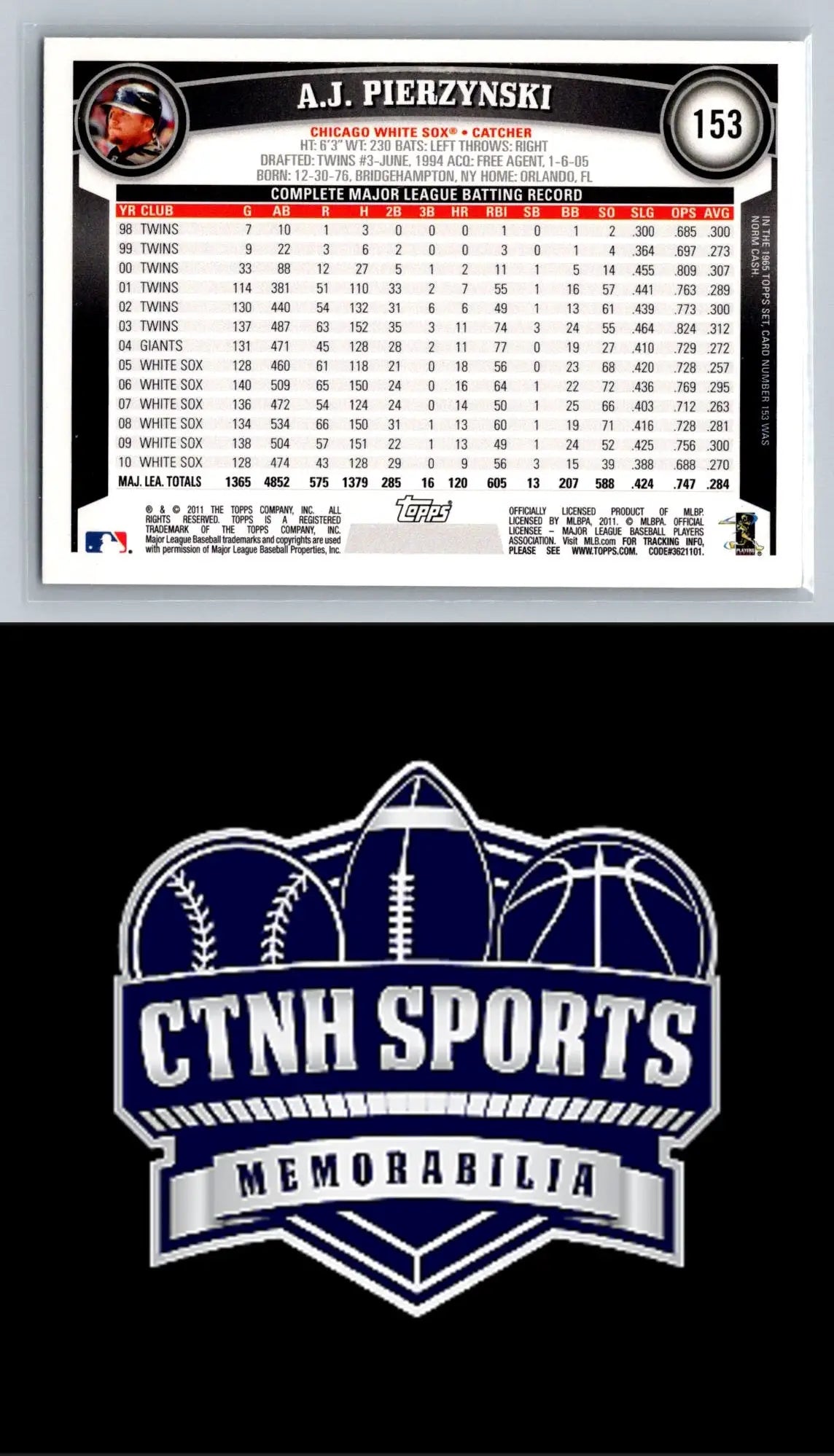 Back of 2011 Topps #153 A.J. Pierzynski Diamond Anniversary Chicago White Sox card