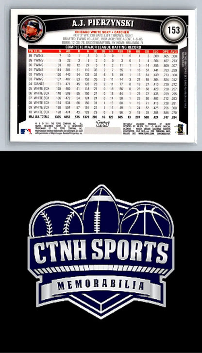 Back of 2011 Topps #153 A.J. Pierzynski Diamond Anniversary Chicago White Sox card