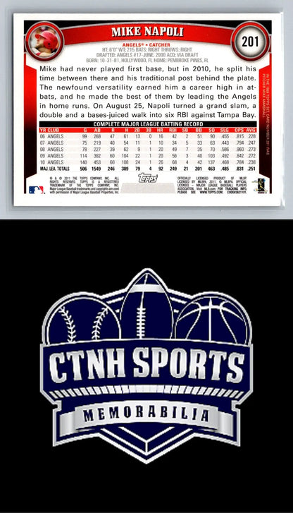 Baseball card back of 2011 Topps #201 Mike Napoli Diamond Anniversary Los Angeles Angels