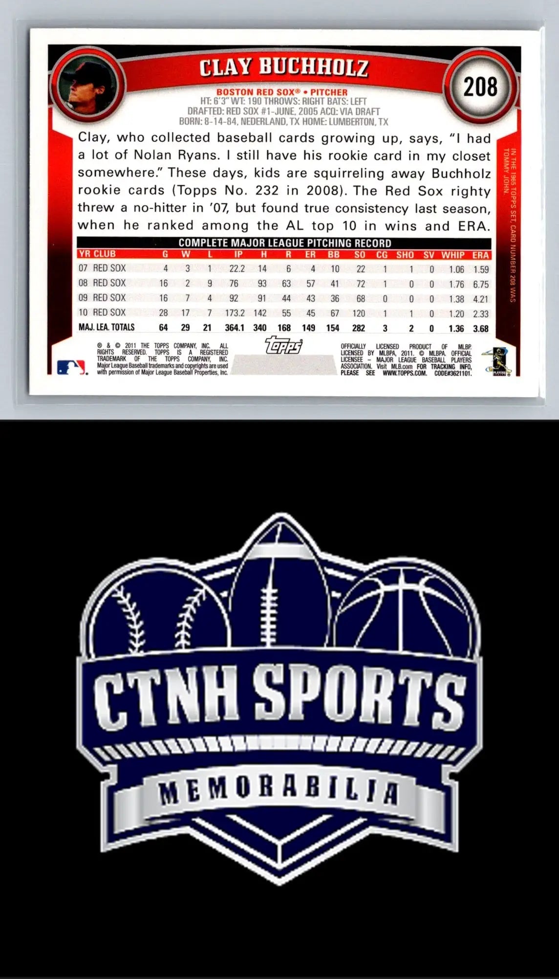 Clay Buchholz Diamond Anniversary baseball card from 2011 Topps #208 Boston Red Sox