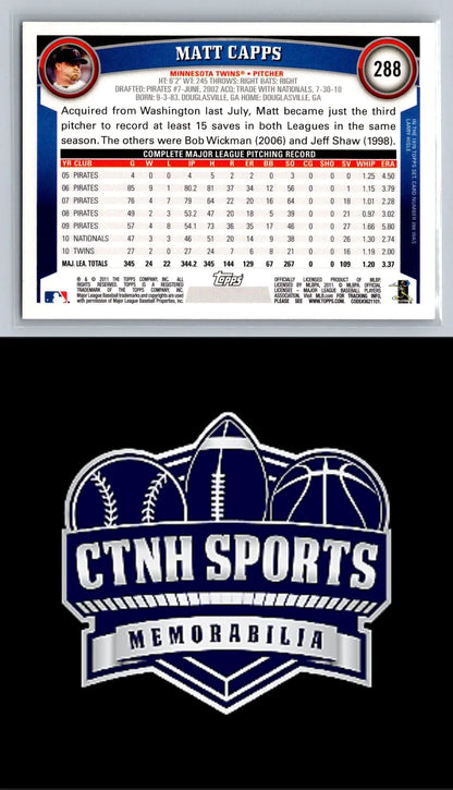 Back of 2011 Topps #288 Matt Capps Diamond Anniversary Minnesota Twins baseball card