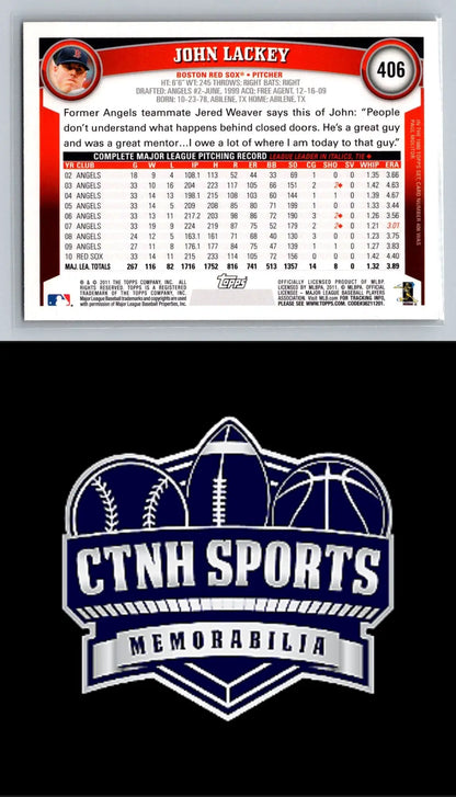 Back of 2011 Topps #406 John Lackey Cognac Diamond Anniversary Baseball Card