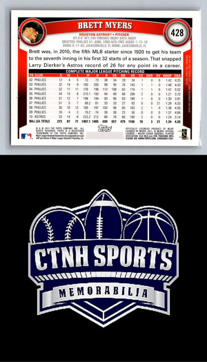 Back of 2011 Topps #428 Brett Myers Cognac Diamond Anniversary baseball card