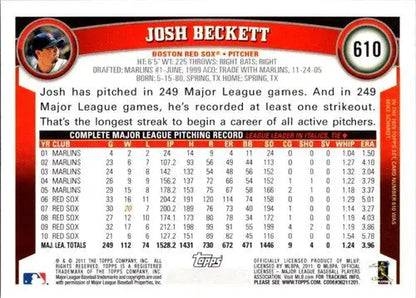 Original gloss Josh Beckett NM-MT baseball card from 2011 Topps #610 Red Sox