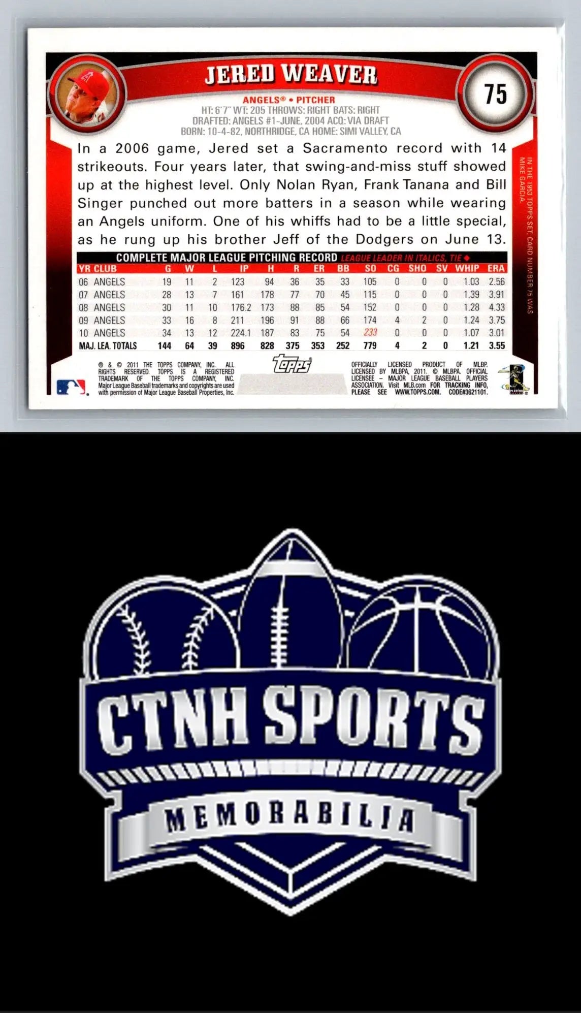 Jered Weaver Diamond Anniversary baseball card from 2011 Topps #75 Los Angeles Angels