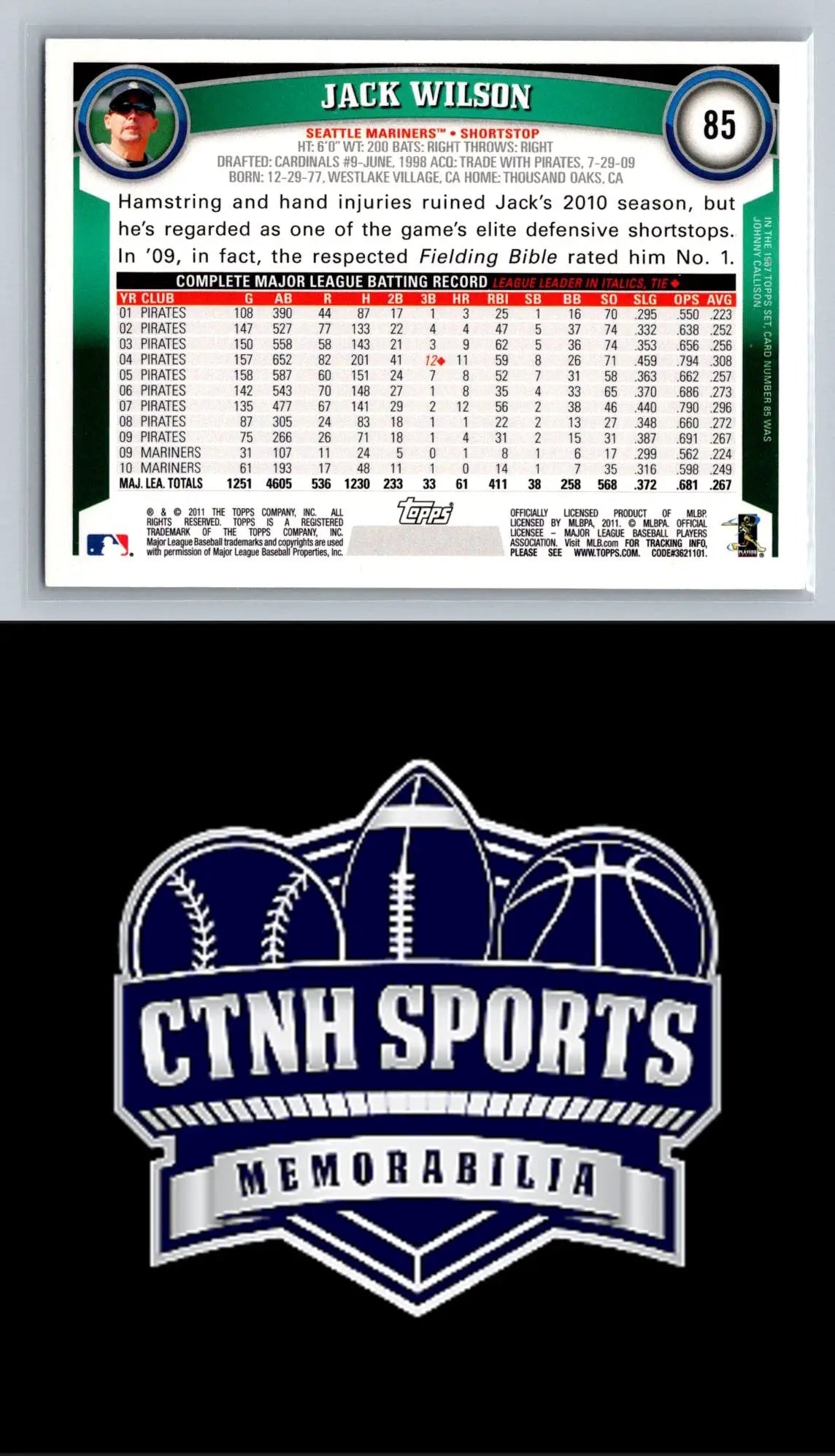 Baseball card back of 2011 Topps #85 Jack Wilson Diamond Anniversary Seattle Mariners