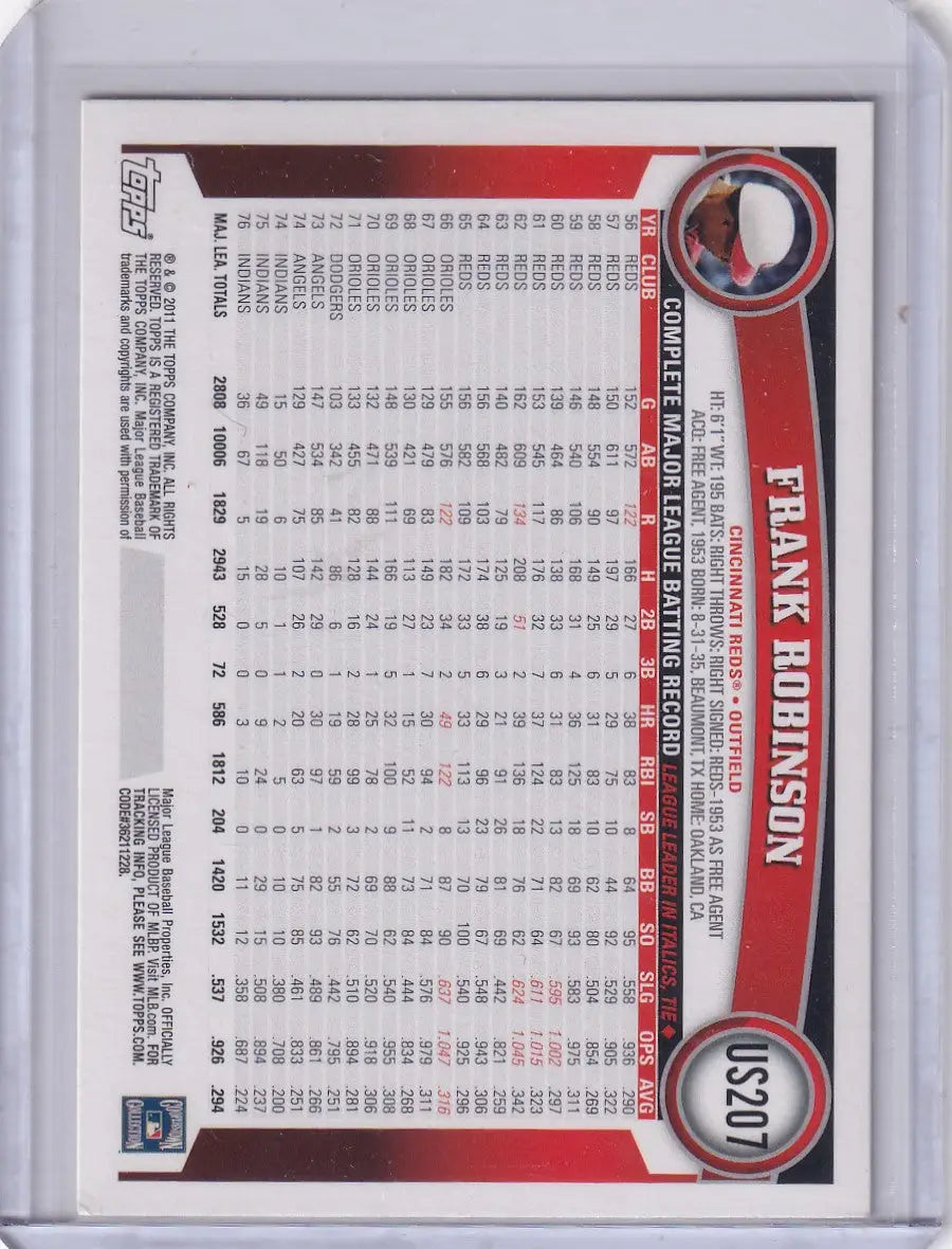 Baseball card featuring Frank Robinson’s batting record from 2011 Topps Diamond Anniversary US207 Frank Robinson Cincinatti Reds