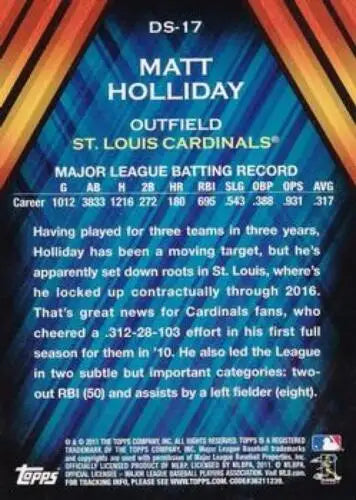 Back of 2011 Topps Diamond Stars #DS-17 Matt Holliday baseball card with original gloss