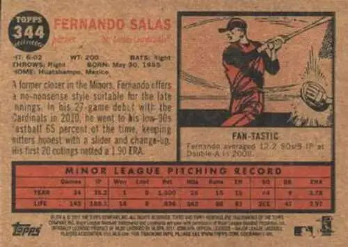 Baseball card back of 2011 Topps Heritage #344 Fernando Salas NM-MT with original gloss