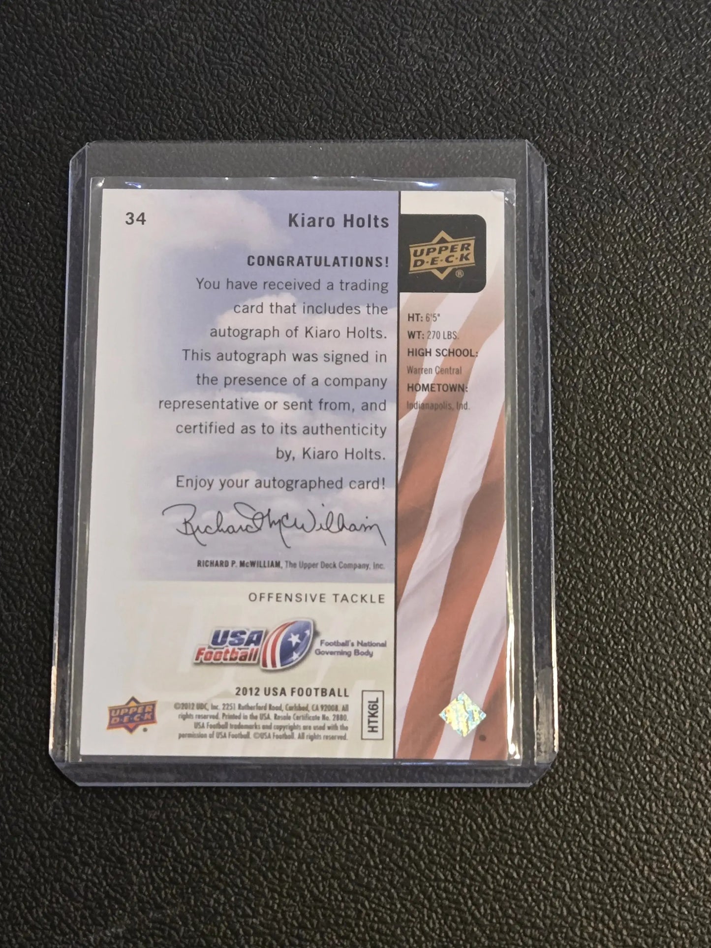 Trading card of Kiaro Holts with authenticated autograph from 2011 Upper Deck USA Football