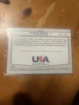 Hunter Virant USA Baseball Triple Jerseys Team USA baseball card from 2011 product