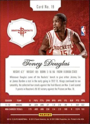 Original gloss Panini Elite Toney Douglas basketball card from 2012-13 Rockets collection
