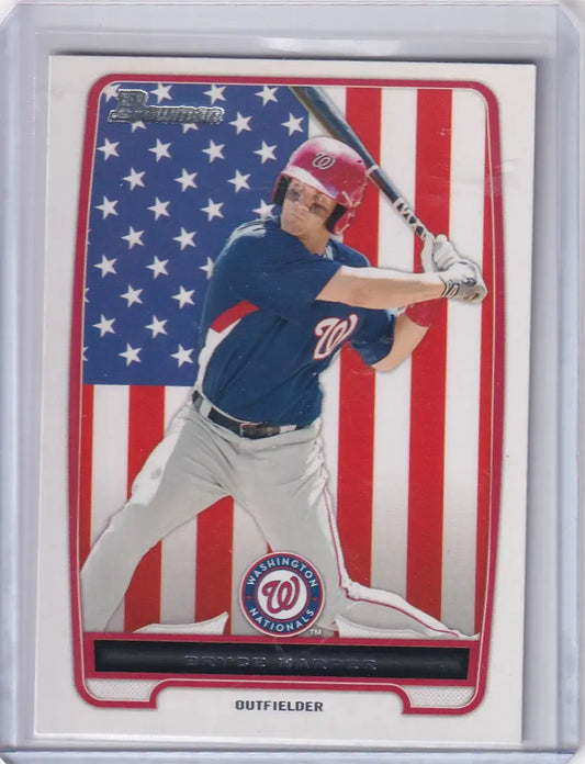 Baseball trading card featuring Bryce Harper in batting stance with American flag background, Bowman International BP10 logo, and Washington Nationals emblem