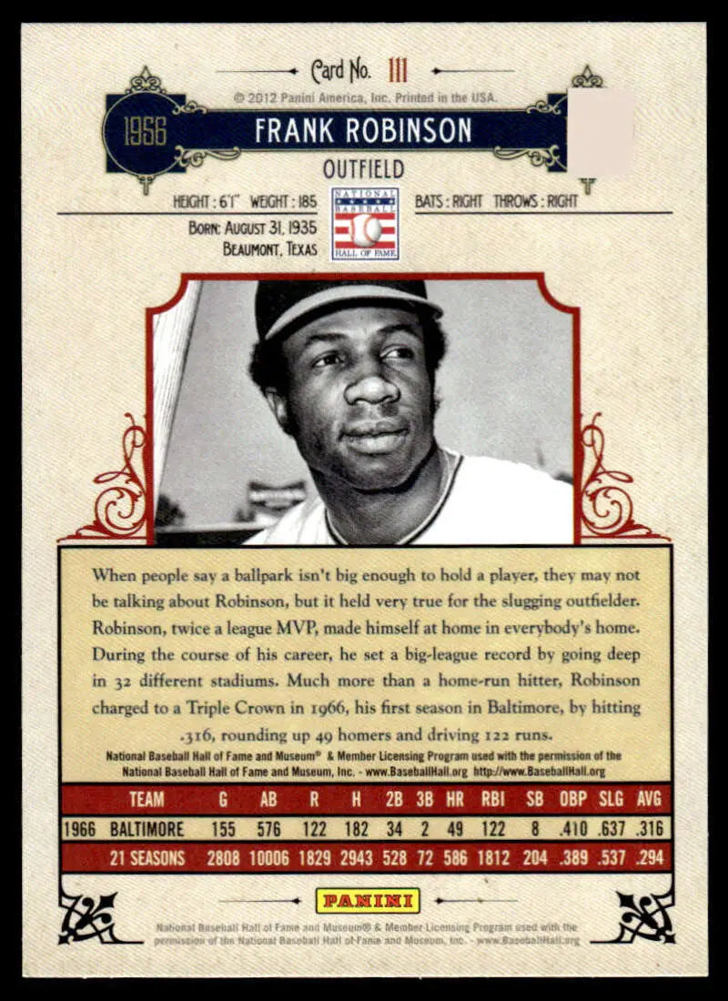 Vintage 2012 Panini Cooperstown Frank Robinson Baltimore Orioles Baseball Card