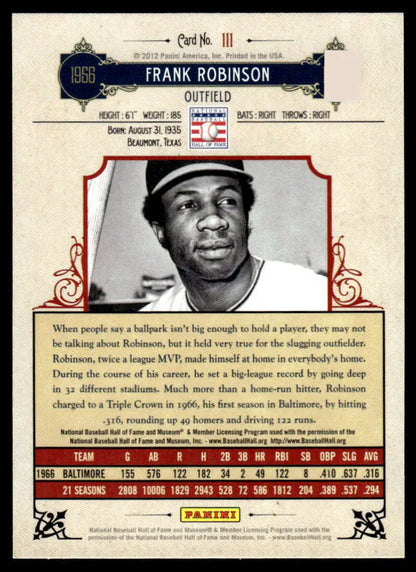 Vintage 2012 Panini Cooperstown Frank Robinson Baltimore Orioles Baseball Card