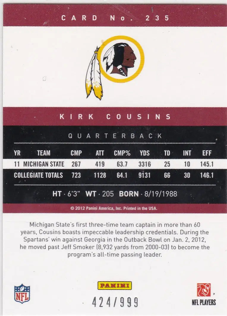 2012 Panini Prestige #235 Kirk Cousins Rc 424/999 Washington Redskins