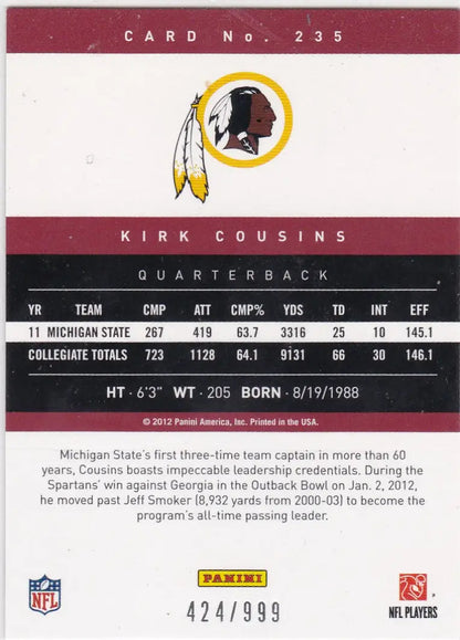 2012 Panini Prestige #235 Kirk Cousins Rc 424/999 Washington Redskins