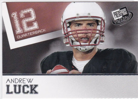 Football player in white helmet holding football from 2012 Press Pass Andrew Luck Stanford