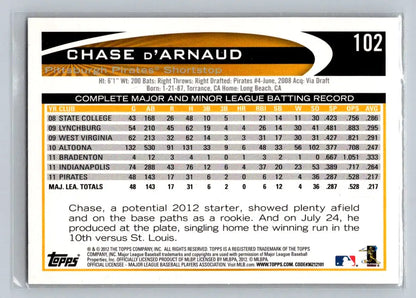 Chase D’Arnaud baseball card from 2012 Topps #102a featuring Pittsburgh Pirates player