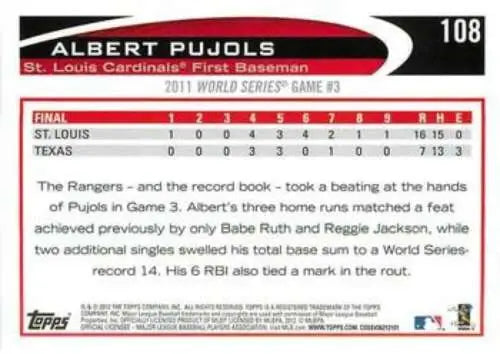 Albert Pujols 2012 Topps #108 baseball card showcasing original gloss texture