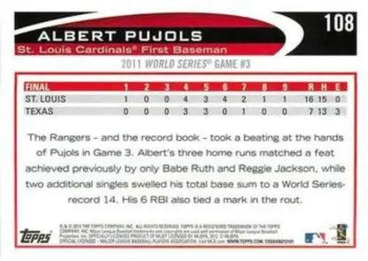 Albert Pujols 2012 Topps #108 baseball card showcasing original gloss texture