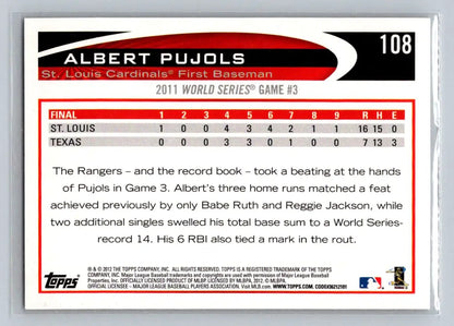 2012 Topps #108 Albert Pujols Trading Card from St. Louis Cardinals Collection