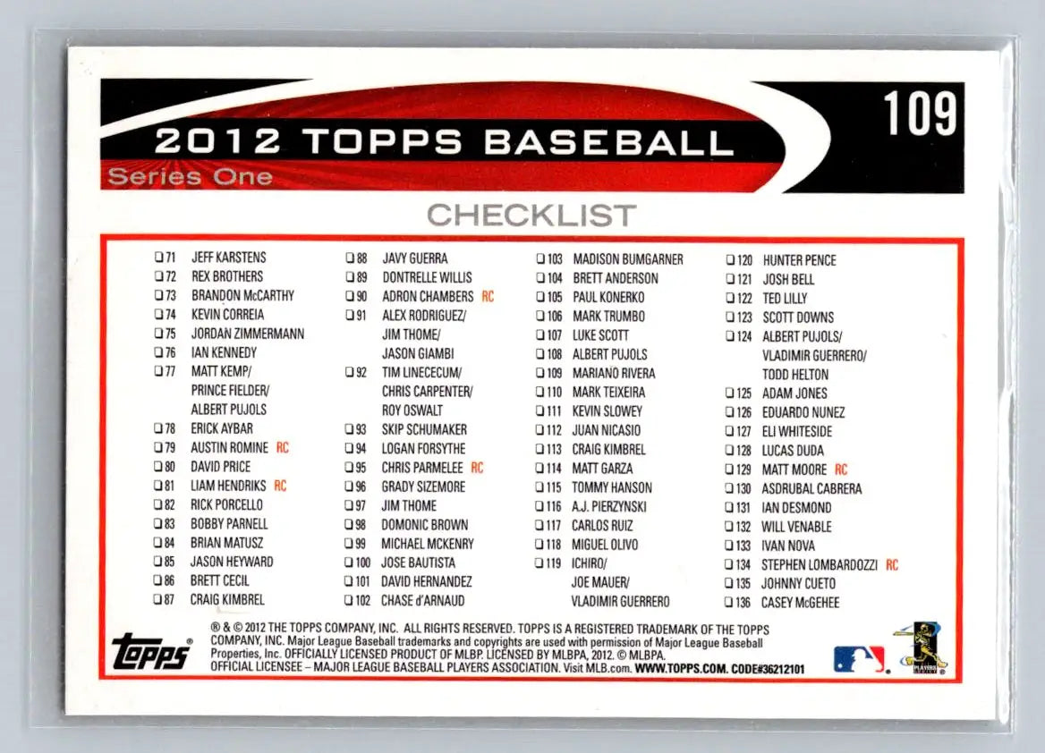Baseball card checklist for 2012 Topps #109 Mariano Rivera New York Yankees trading cards
