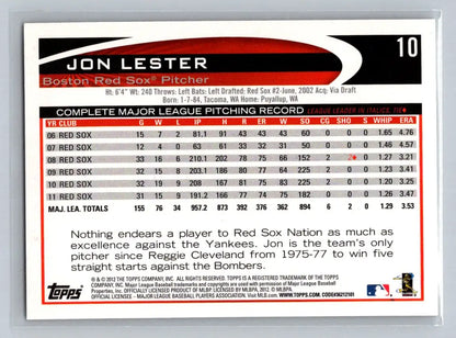 Jon Lester 2012 Topps #10a baseball card featuring the Boston Red Sox star pitcher